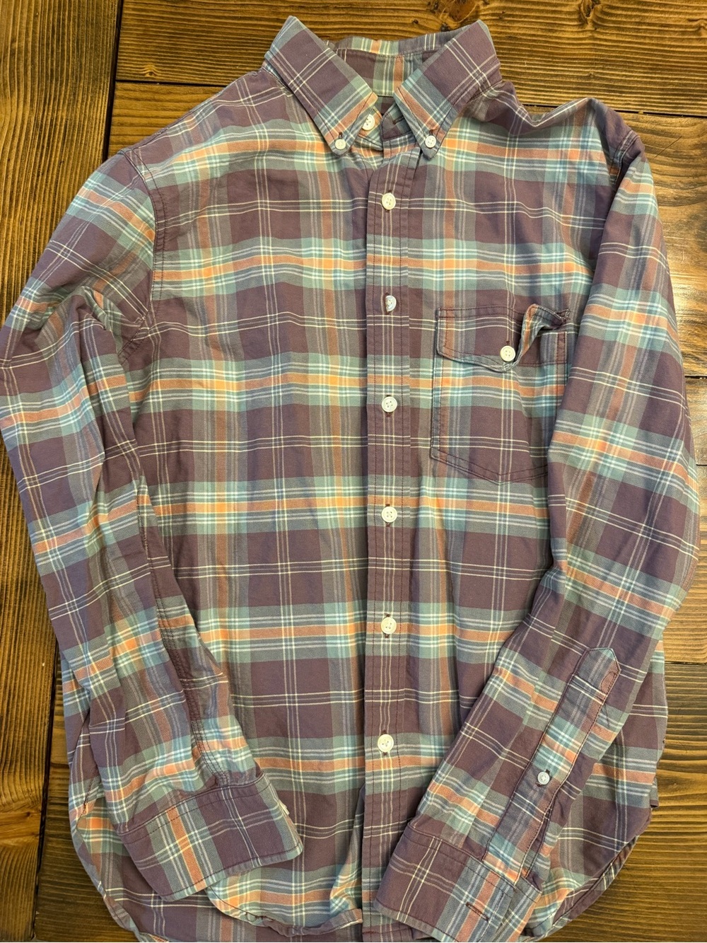 Abercrombie & Fitch Purple Plaid Button-Down Shirt with Blue and Orange Accents